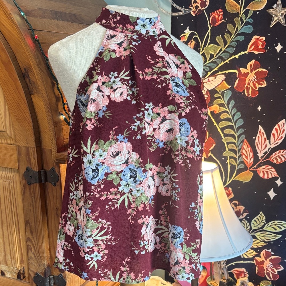 Blue Rain Burgundy Floral Halter Top
